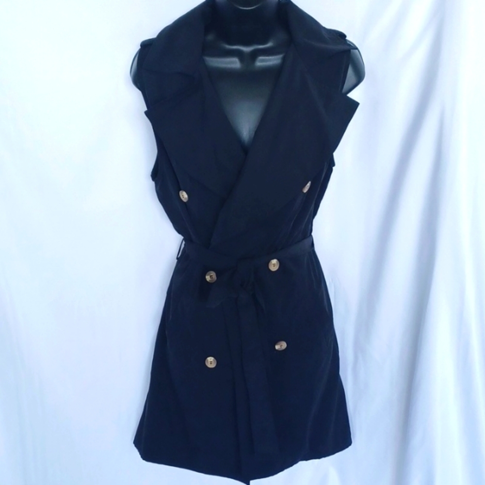 Love Tree Long belted wrap vest, front pockets, double-breasted look, open front